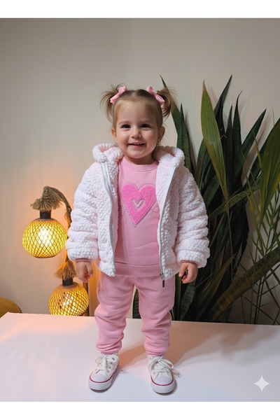 Hippıl Baby Baby Girl Three-Piece Set with Coat (Snap-Back Sweatshirt + Fleece Coat + Pants)