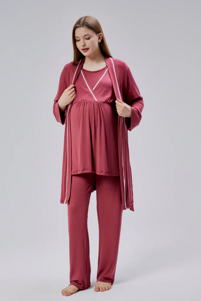 Reyhanlar Combed Cotton Women's Maternity Short Robe Short Sleeve Nightgown Set Pomegranate Flower