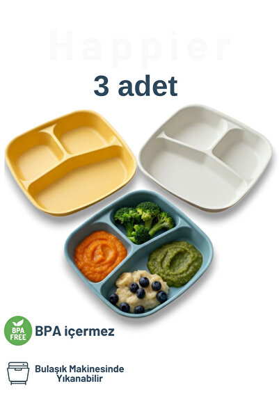 happier 3 Bölmeli Tabldot Tabak (3 adet) - Kahvaltı ve Çerezlik-Çocuk Beslenm...