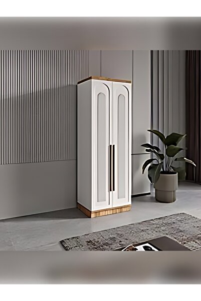 MaceraMobilya 2 Kapaklı Komple MDF Ceviz Detaylı Beyaz Gardırop