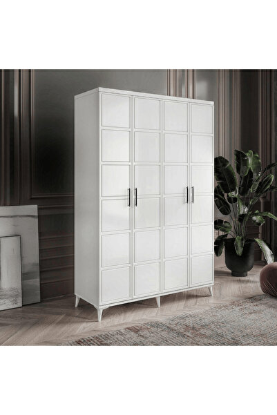 MaceraMobilya 4 Kapaklı MDF Kare Desenli Beyaz Dolap