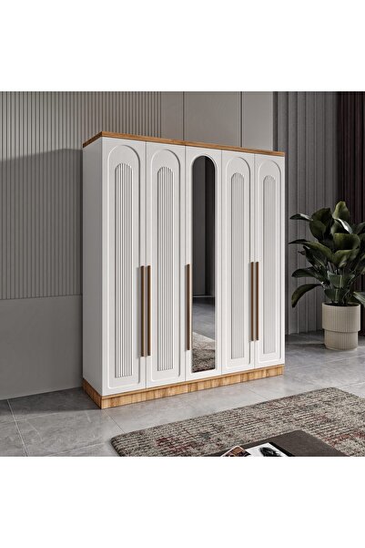 MaceraMobilya 5 Kapaklı Aynalı Komple MDF Desenli Modern Beyaz Gardırop
