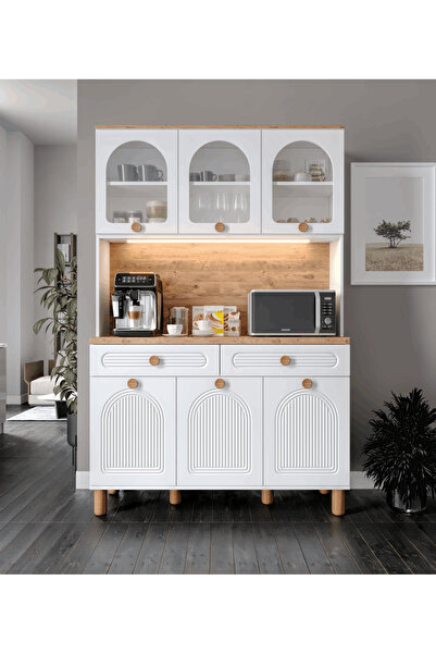 MaceraMobilya 3 Kapaklı Kahve Köşesi – 140 cm MDF, LED Aydınlatmalı, Çok Amaçlı Mutfak ve Airfryer Dolabı