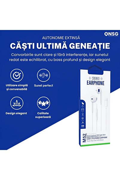 ONSG SUNIX M52 USB C Wired Headphones, Noise Cancelling Microphone, Clear Sound, Strong Bass, White