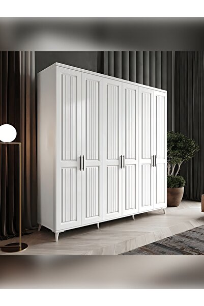 MaceraMobilya 6 Kapaklı Komple Mdf Dişbudak Desenli Beyaz Gardırop Yatak Odası