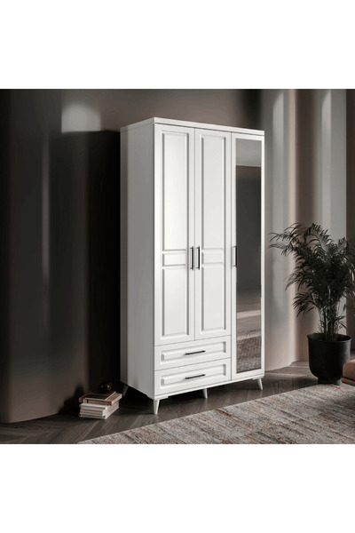 MaceraMobilya Beyaz 3 Kapaklı Aynalı Gardırop
