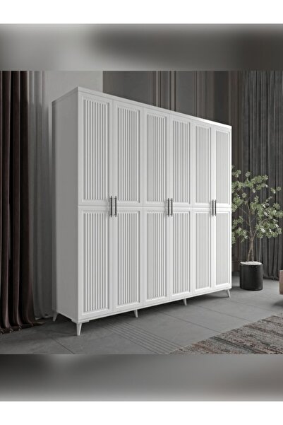 MaceraMobilya 6 Kapaklı Komple Mdf Desenli Beyaz Gardırop Yatak Odası