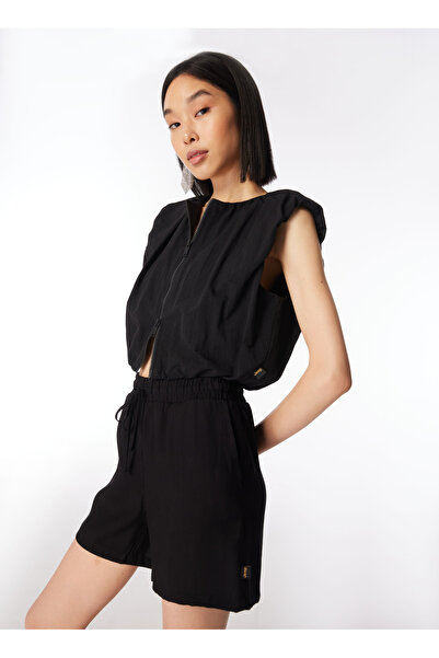 Jeep Crop Top Bisiklet Yaka Düz Örgü Desenli Siyah Kadın Gömlek C4SL-GML4003