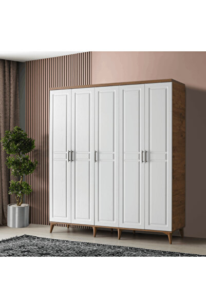 MaceraMobilya Atlantik Çam-Beyaz 5 Kapaklı MDF Gardırop - Genç Odası -Giysi D...
