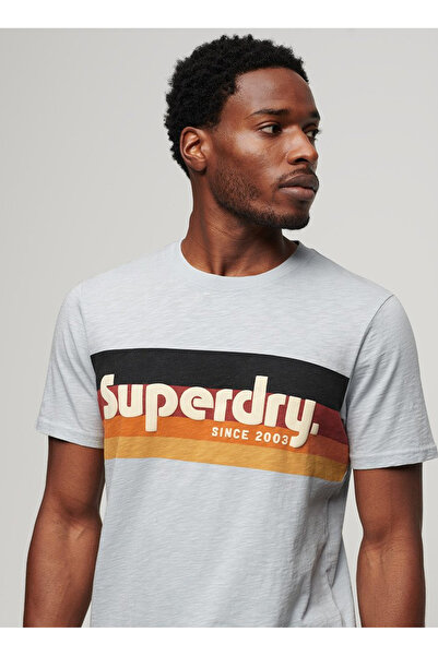 SUPERDRY Bisiklet Yaka Baskılı Açık Mavi Erkek T-Shirt M1011904A2AD_CALI STRIPED LOGO T SH