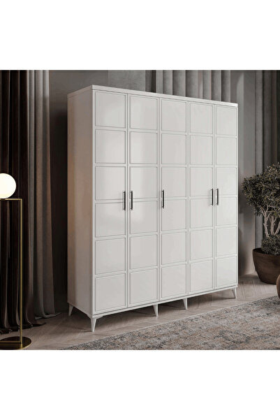 MaceraMobilya 5 Kapaklı Beyaz Kare Desenli MDF Gardırop