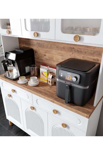 MaceraMobilya 3 Kapaklı Kahve Köşesi – 140 cm MDF, LED Aydınlatmalı, Çok Amaçlı Mutfak ve Airfryer Dolabı