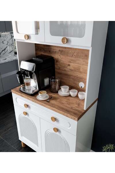 MaceraMobilya 2 Kapaklı Kahve Köşesi – 93 cm MDF, LED Aydınlatmalı, Çok Amaçlı Mutfak ve Airfryer Dolabı