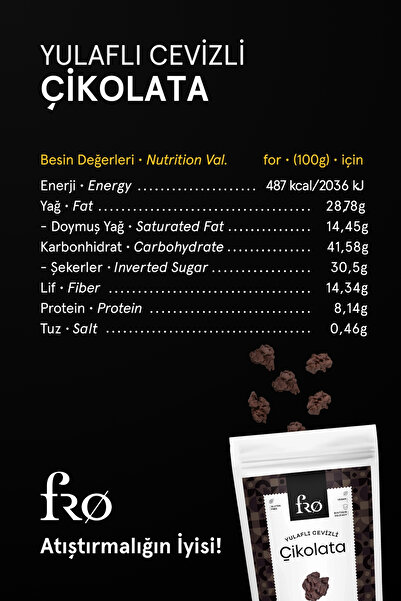 FRO 5'li Yulaflı Cevizli Çikolata Sağlıklı Atıştırmalık Doğal Glutensiz Vegan Şekersiz Tatlı 5x50gr