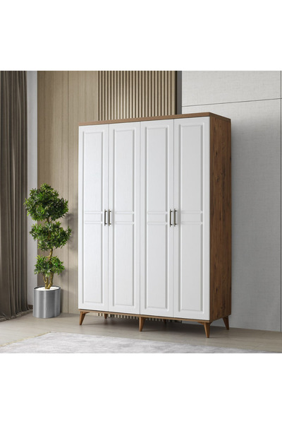 MaceraMobilya Atlantik Çam-Beyaz 4 Kapaklı MDF Gardırop - Genç Odası -Giysi D...
