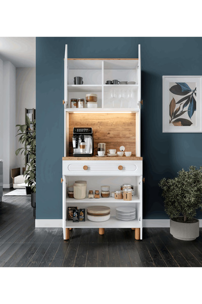 MaceraMobilya 2 Kapaklı Kahve Köşesi – 93 cm MDF, LED Aydınlatmalı, Çok Amaçlı Mutfak ve Airfryer Dolabı