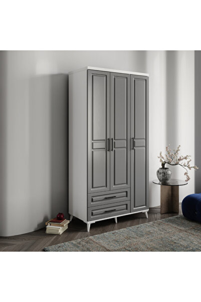 MaceraMobilya 3 Kapaklı Antrasit Beyaz Gardırop - MDF Dolap - Elbise Dolabı