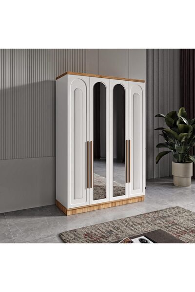 MaceraMobilya 4 Kapaklı Ve Aynalı Komple MDF Desenli Beyaz Gardırop