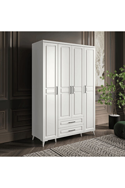 MaceraMobilya 4 Kapaklı Komple MDF Çekmeceli Beyaz Gardırop