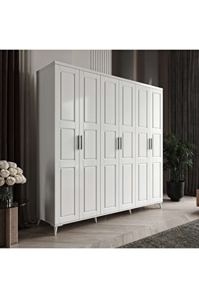 MaceraMobilya Pana 6 Kapaklı Beyaz MDF Gardırop - Giysi Dolabı