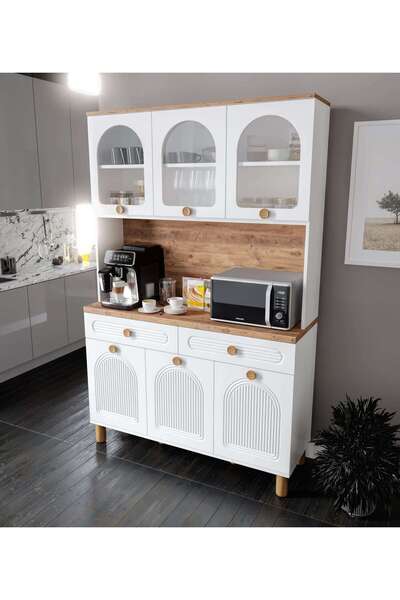 MaceraMobilya 3 Kapaklı Kahve Köşesi – 140 cm MDF, LED Aydınlatmalı, Çok Amaçlı Mutfak ve Airfryer Dolabı