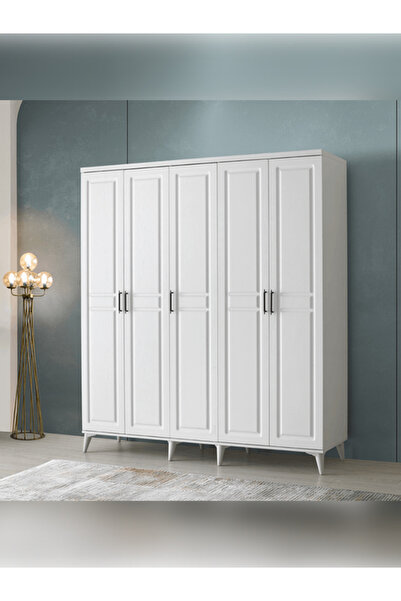 MaceraMobilya Modern 5 Kapaklı Komple Beyaz MDF Gardırop Genç Odası ve Yatak ...