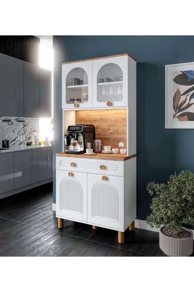 MaceraMobilya 2 Kapaklı Kahve Köşesi – 93 cm MDF, LED Aydınlatmalı, Çok Amaçlı Mutfak ve Airfryer Dolabı