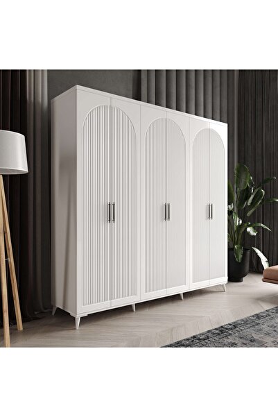 MaceraMobilya Oslo 6 Kapaklı Beyaz MDF Membran Kaplama Gardırop - Giysi Dolabı