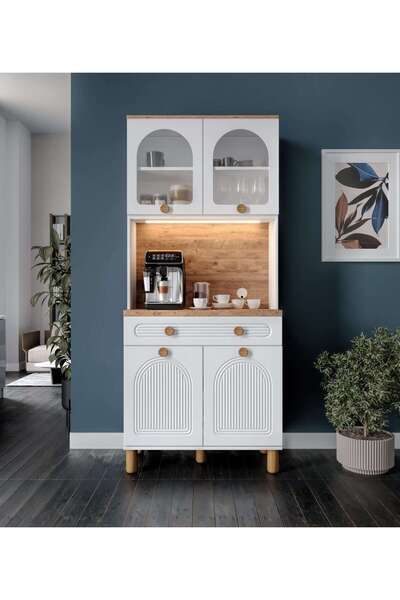 MaceraMobilya 2 Kapaklı Kahve Köşesi – 93 cm MDF, LED Aydınlatmalı, Çok Amaçlı Mutfak ve Airfryer Dolabı