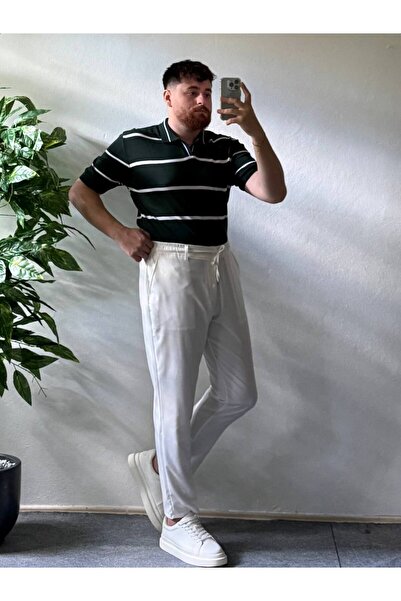 Arvens Men's Oversize Green Striped Summer Knitwear Polo Collar, Knitwear Fab...