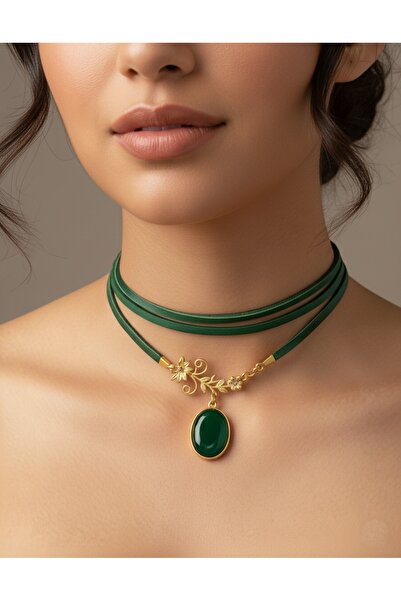 LADYMİRAGE Genuine Leather Vintage Steel Choker Necklace