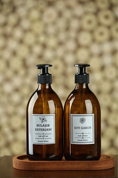 Amentes Ahşap Standlı 2'li Amber Cam Sıvı Sabunluk Bulaşık Deterjanı Şişesi Sabunluk