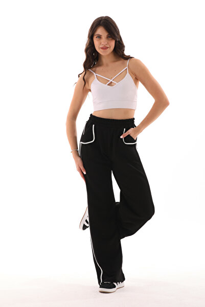 kallima بنطال رياضي واسع الساق بخصر عالٍ باللونين الأبيض والأسود مع جيوب وشريط