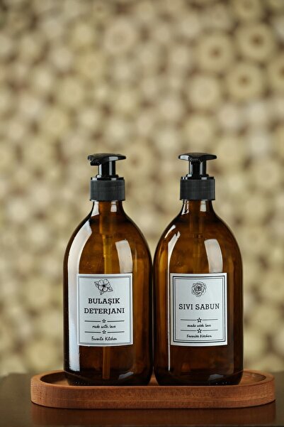 Amentes Ahşap Standlı 2'li Amber Cam Sıvı Sabunluk Bulaşık Deterjanı Şişesi Sabunluk