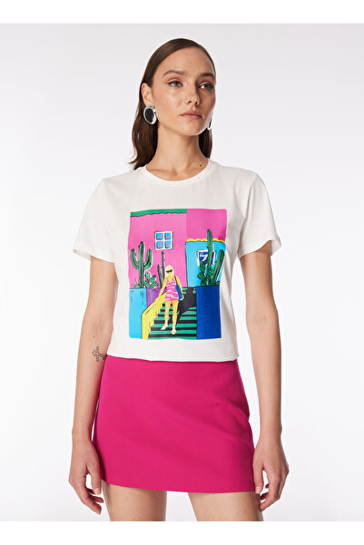 Fabrika Bisiklet Yaka Baskılı Kırık Beyaz Kadın T-Shirt F4SL-TST0216