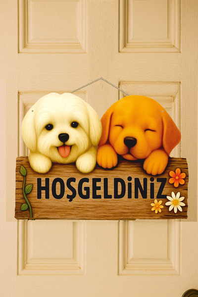 MODERN TASARI Kapı Süsü Ahşap "WELCOME" Yazılı Retro - Sevimli Köpekler