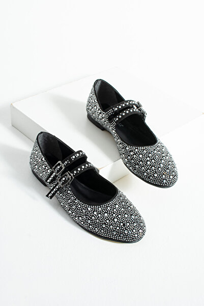 diclepolat Women's Black Silver Stone Mary Jane Ballet Crystal