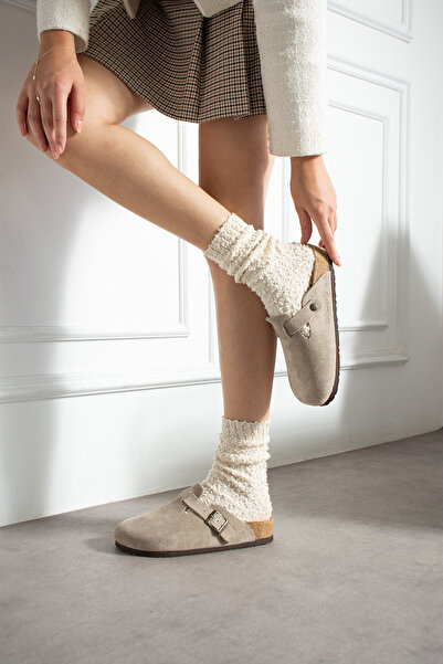 Uniqueqoop Oslo Hakiki Deri Mantar Taban Taupe Süet Anatomik Terlik