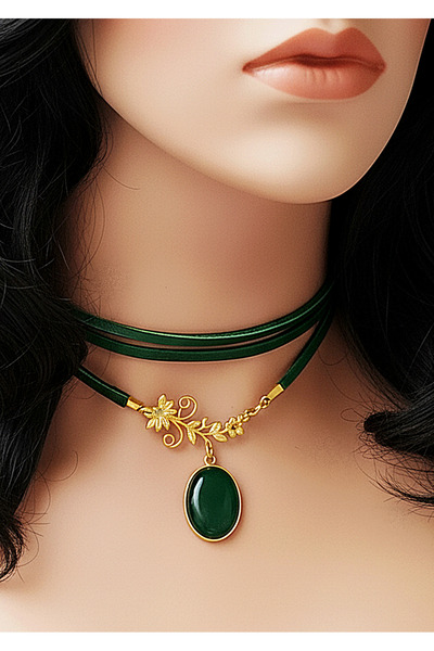 LADYMİRAGE Genuine Leather Vintage Steel Choker Necklace