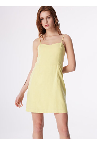 Fabrika Kalp Yaka Düz Sarı Mini Kadın Elbise F4SL-ELB0842
