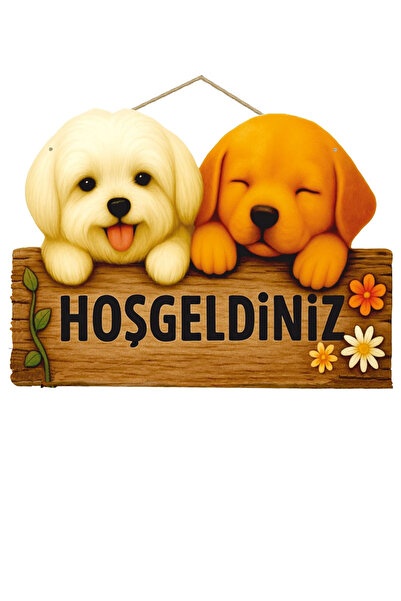 MARNELLO CONSEPT "Welcome" Written Wooden Mdf Retro Door Ornament - Cute Dogs