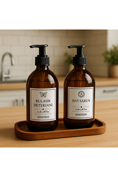 Amentes Ahşap Standlı 2'li Amber Cam Sıvı Sabunluk Bulaşık Deterjanı Şişesi Sabunluk