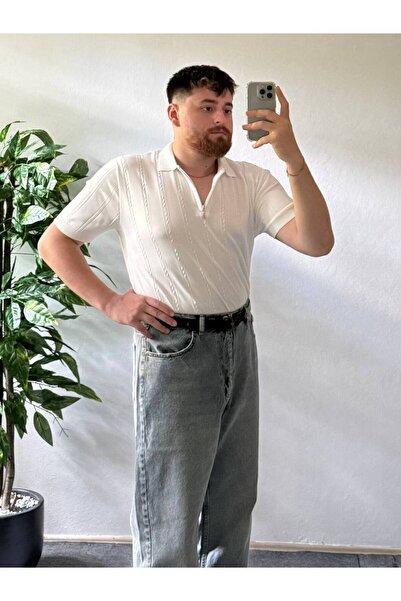 Arvens Men's Oversize White Summer Knitwear Polo Collar, Striped Patterned Fabric, Wide Fit Short Sleeve Model