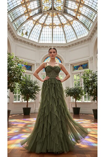 DWT Dantel Taş İşlemeli Katkat Tül Abiye Elbise