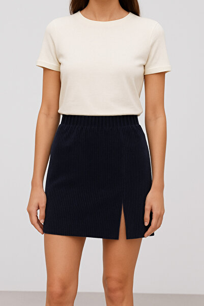 The Fabrics Studio Navy Blue Slit Velvet Mini Skirt
