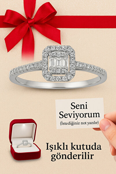 Crystal Diamond Zirconia Işıklı kutuda Pırlanta montür 0,25 Karat Baget Yüzük