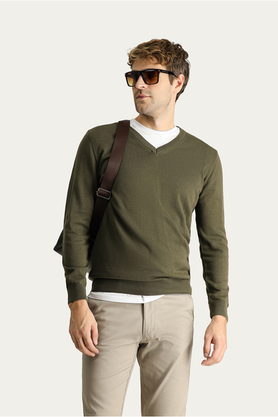 Kiğılı V Yaka Slim Fit Dar Kesim Pamuklu Triko Kazak
