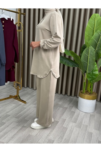Mercan SEÇİL TAKIM Bej Düğme Detaylı Tesettür Tunik Pantolon Spor Günlük Takım Kristal Kumaş