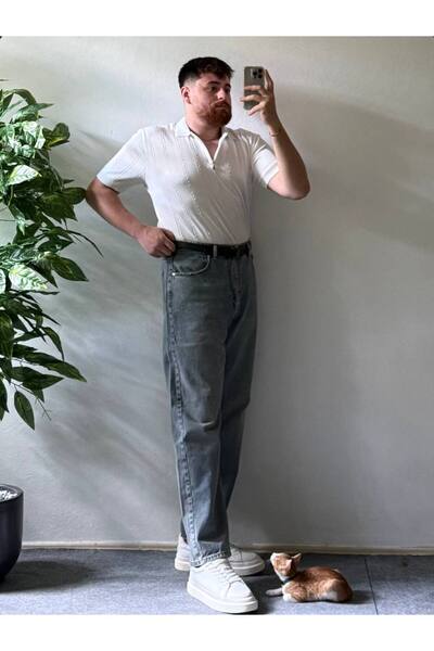 Arvens Men's Oversize White Summer Knitwear Polo Collar, Striped Patterned Fabric, Wide Fit Short Sleeve Model