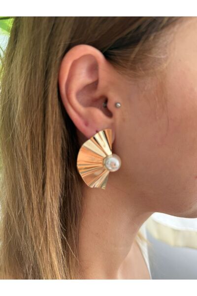 GİS JEWELRY Gold Yelpaze İncili Küpe